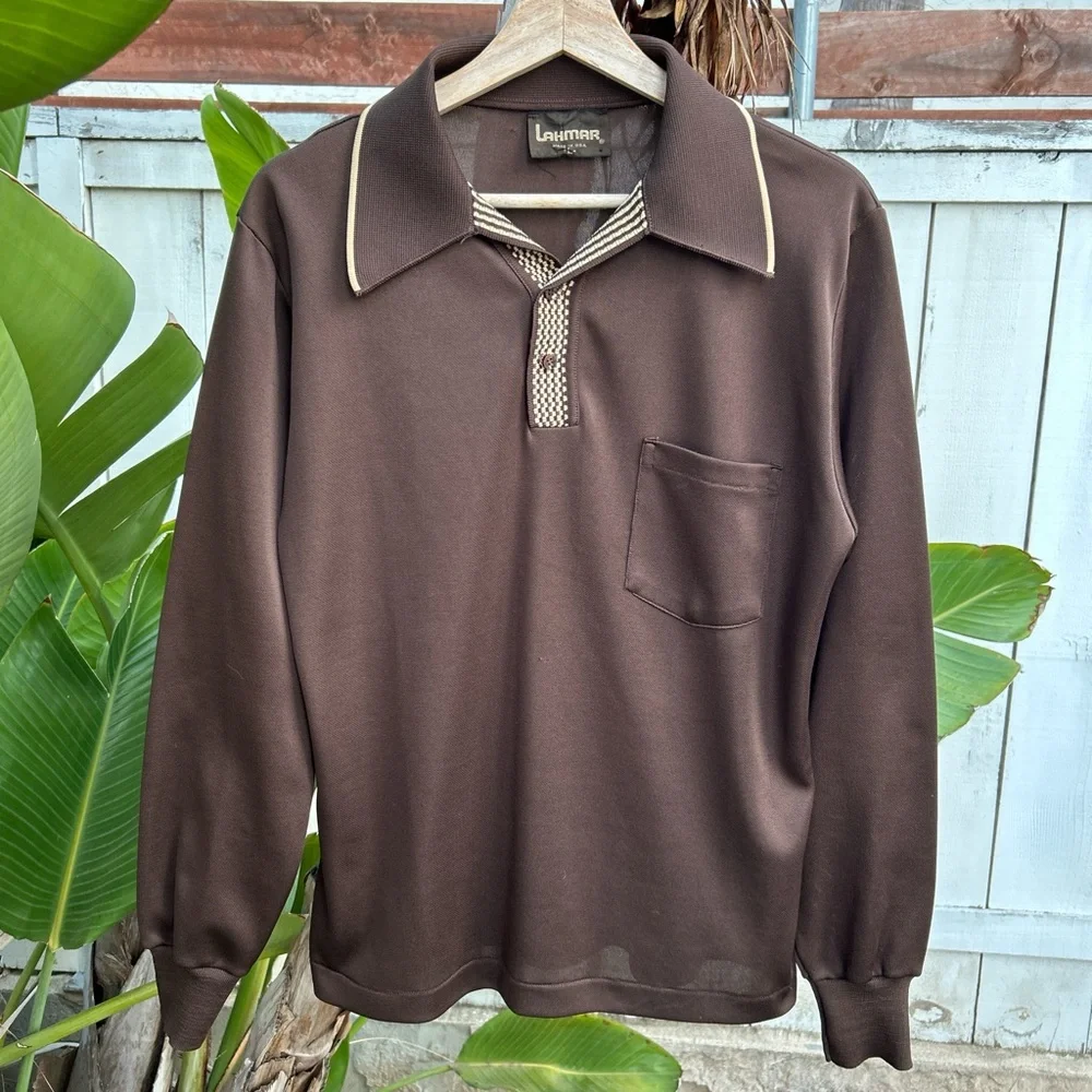Vintage 70s Lahmar Brown Knit Long Sleeve Polo Shirt Made USA